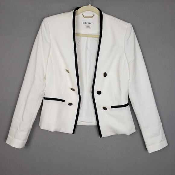 Calvin Klein Women's 6 Petite Black Trim White Blazer Jacket Old Money Aesthetic - Picture 1 of 8